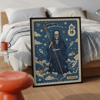 Featuring a robed skeleton holding a scythe, Shinigami wall art print