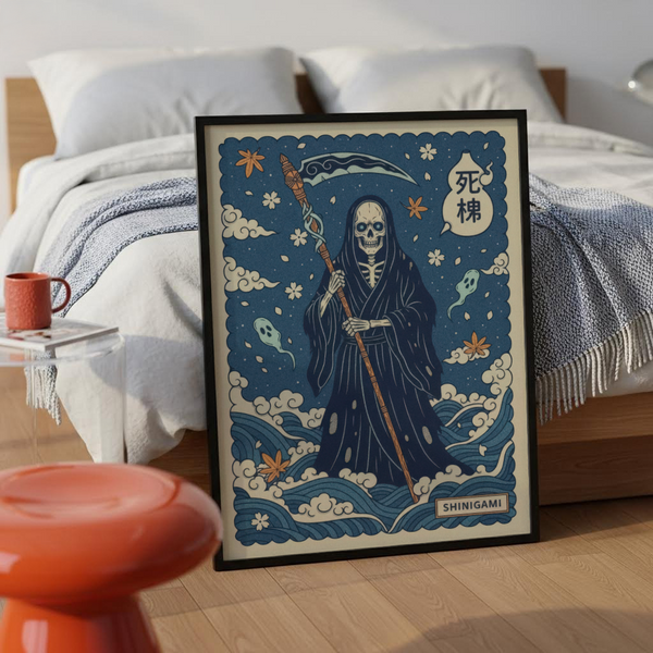Featuring a robed skeleton holding a scythe, Shinigami wall art print