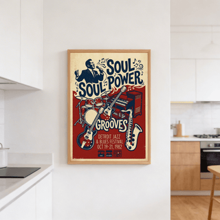 Typography-led music poster print reading “Soul Power” and “Grooves” in bold letters