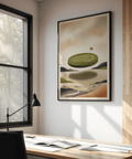 Minimalist Abstract Golf Wall Art showing hovering putting green over layered hills