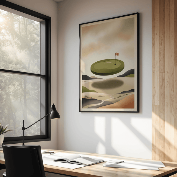 Minimalist Abstract Golf Wall Art showing hovering putting green over layered hills