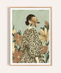 Woman with Flowers wall art in green beige white, bedroom decor print