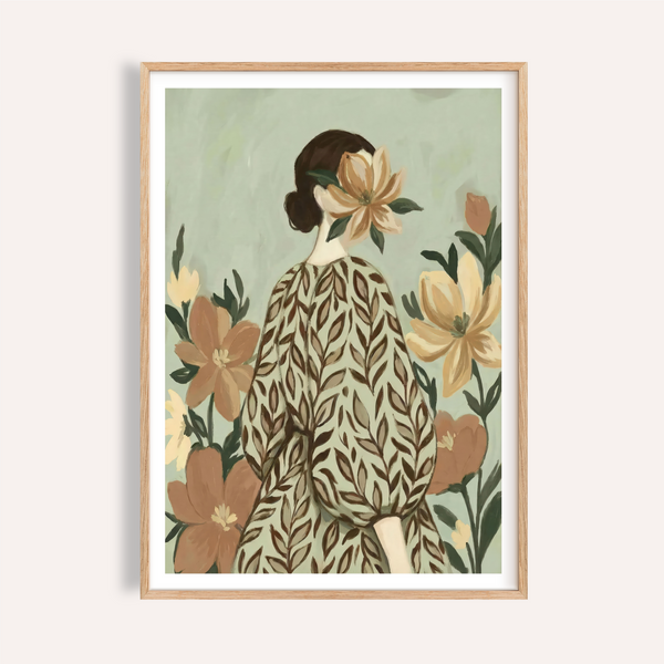 Woman with Flowers wall art in green beige white, bedroom decor print