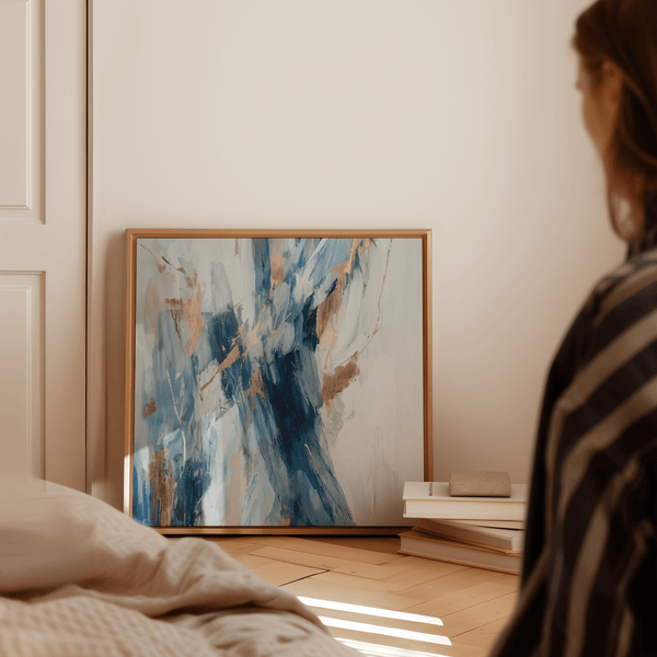 Abstract Blue Wall Art with gold over blue for dining room art print