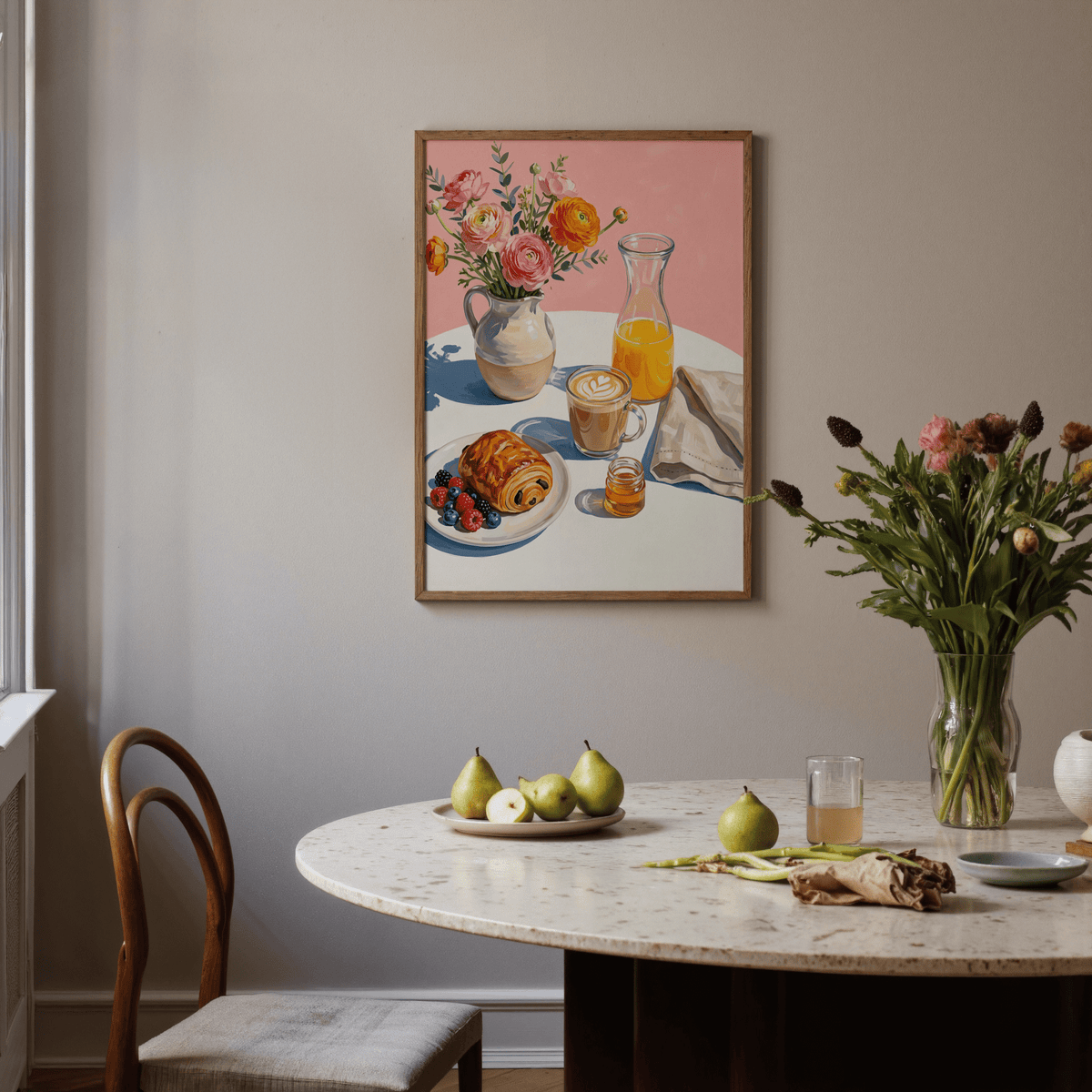 Breakfast Wall Art with coffee and pastry design for kitchen wall print in multicolored style