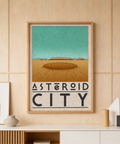 Showing Asteroid City Poster print with oval crater, mesas, and wavy sky pattern