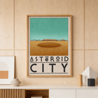 Showing Asteroid City Poster print with oval crater, mesas, and wavy sky pattern