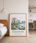 Wide composition Singapore City Landscape Art with bay water, boats, and skyline centered above location coordinates