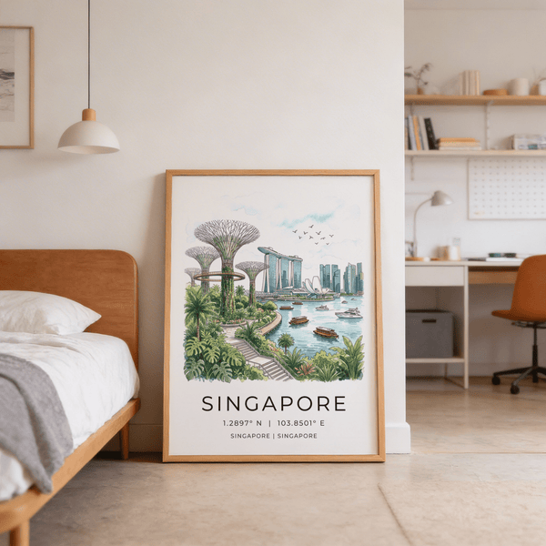 Wide composition Singapore City Landscape Art with bay water, boats, and skyline centered above location coordinates