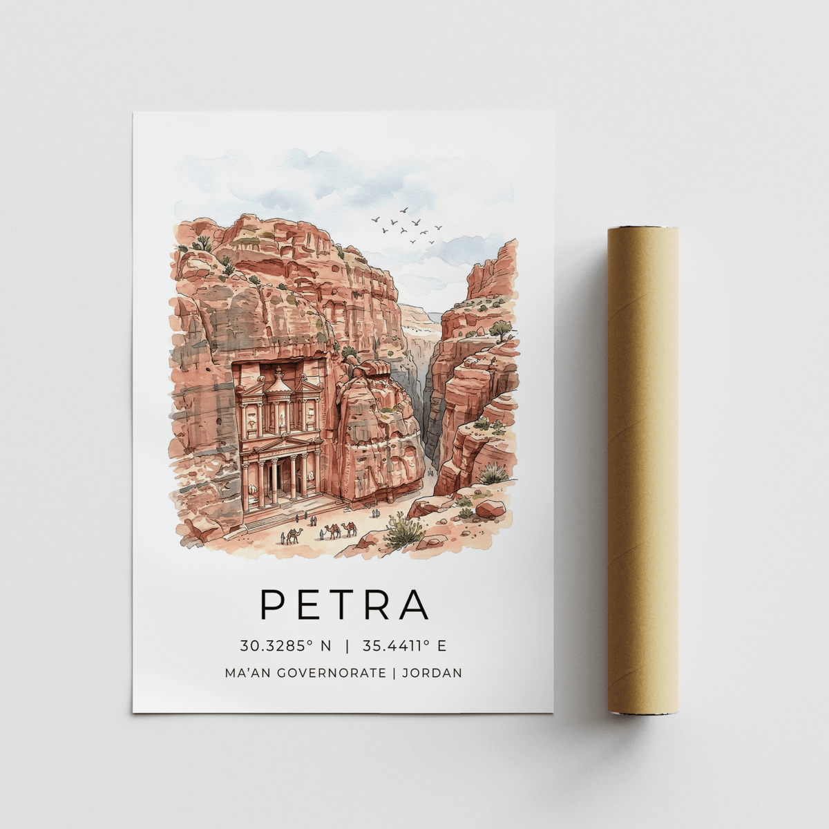 Architectural landmark print depicting Treasury and desert plants