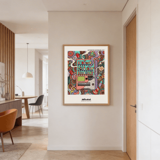 Pattern-filled vending machine print with stars, curls, and bold outlined details