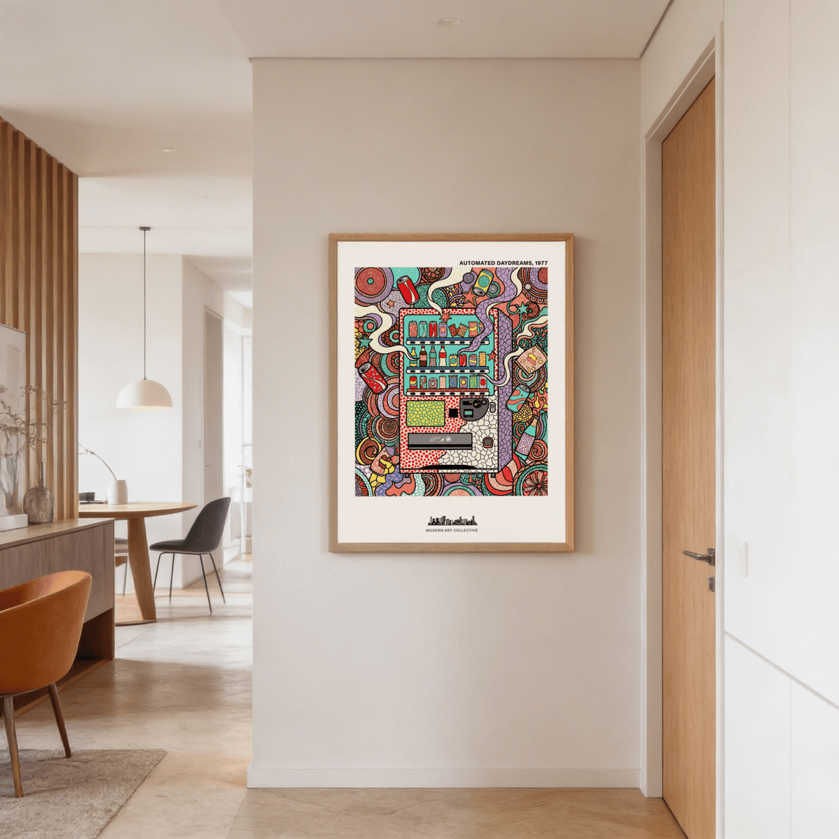 Pattern-filled vending machine print with stars, curls, and bold outlined details