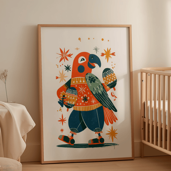 Playful Animal Poster Multicolored parrot art for playroom