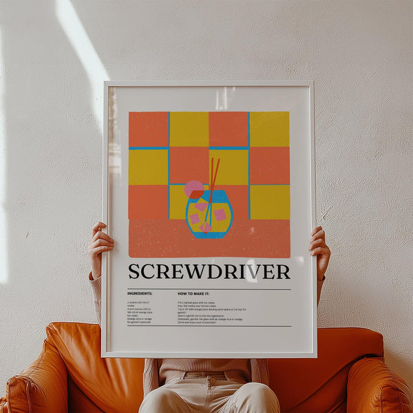 Art prints kitchen style showing a retro Screwdriver cocktail with a pink and orange grid.