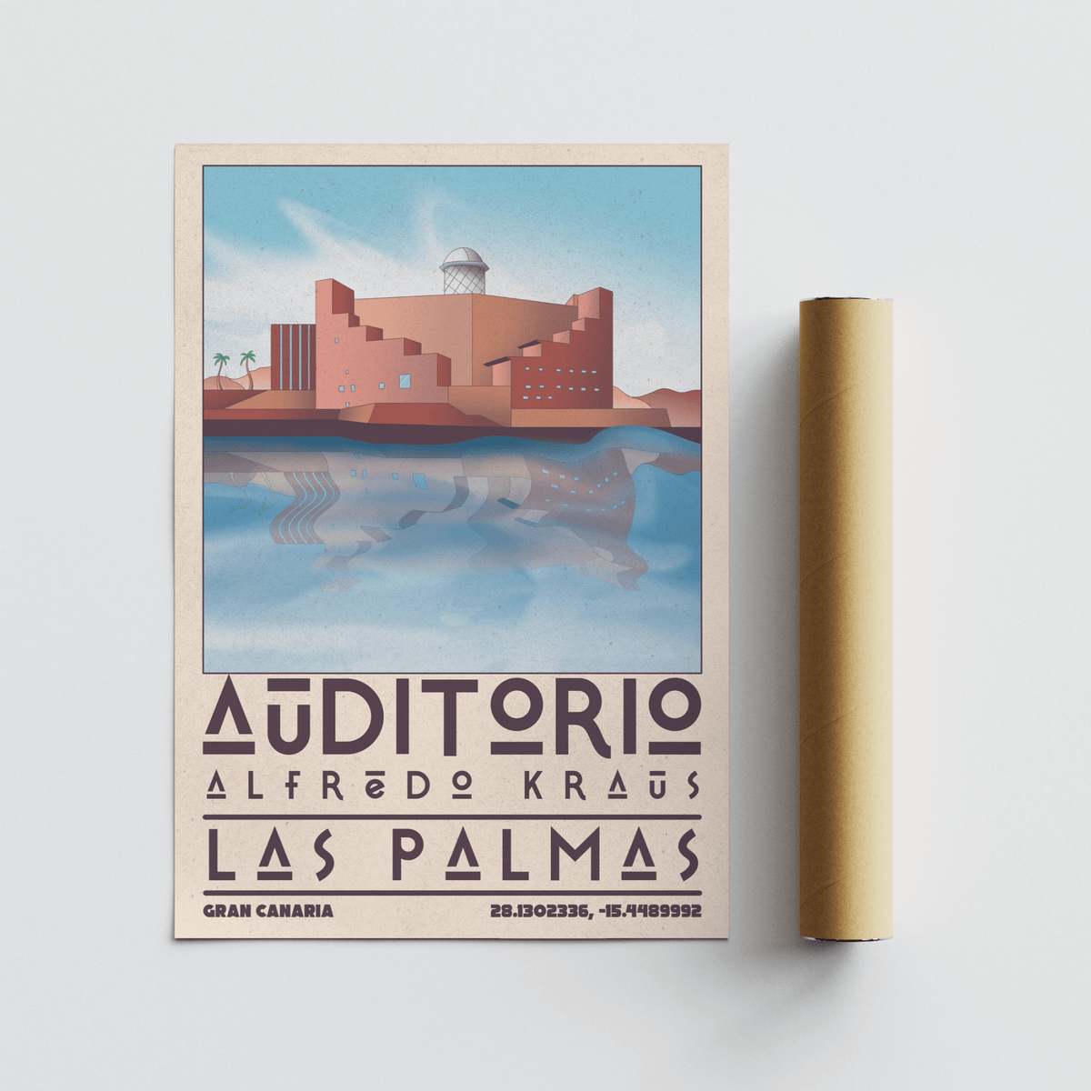 Modern travel illustration featuring Gran Canaria landmark and coordinate text