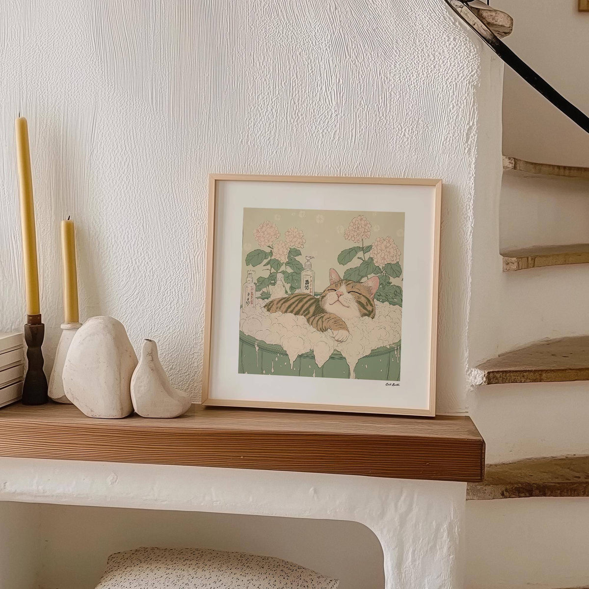 Cat and flower Japanese posters in modern minimalist art style