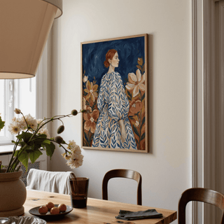 Floral Portrait Art poster, orange flowers, blue dress, dining room decor