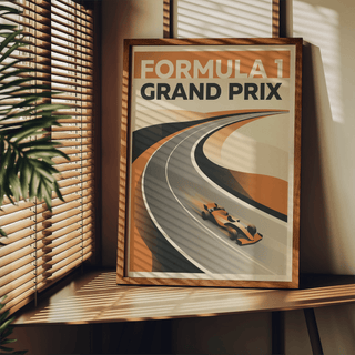Detail shot of Grand Prix Art Print featuring a race car with motion blur on a curved track
