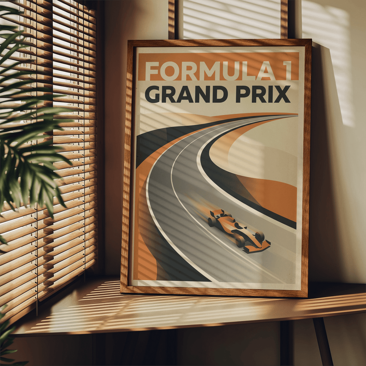 Detail shot of Grand Prix Art Print featuring a race car with motion blur on a curved track
