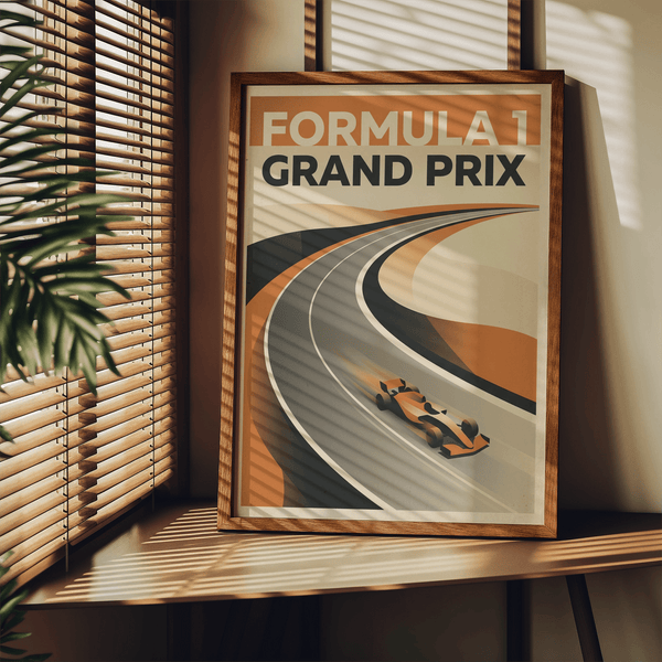 Detail shot of Grand Prix Art Print featuring a race car with motion blur on a curved track