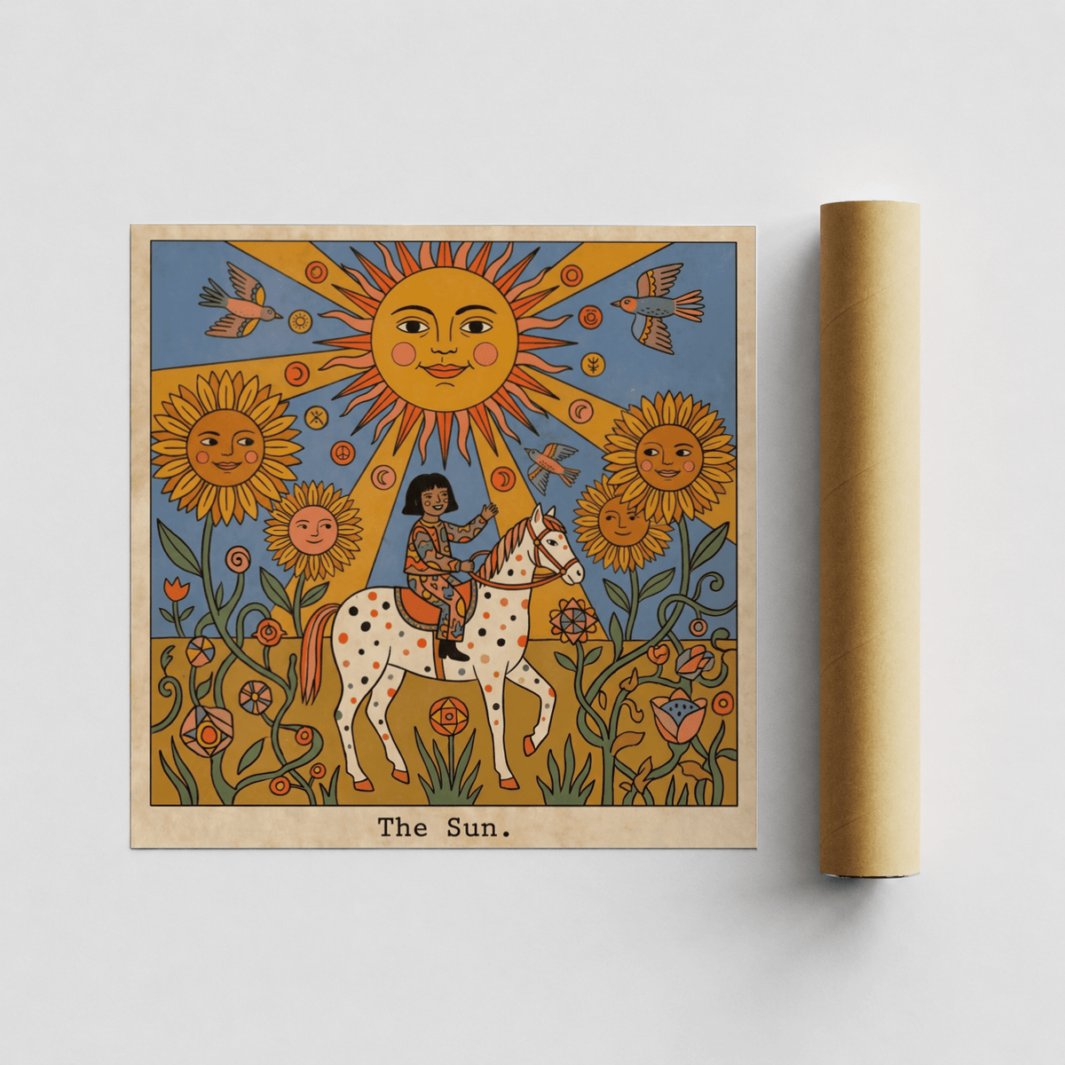 Vintage-style wall poster print with birds, circular symbols, and tall sunflowers around a rider