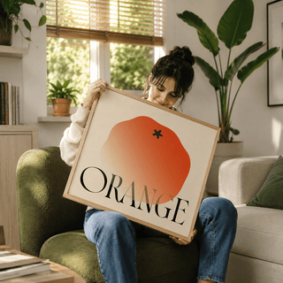 Minimalist Fruit Wall Art print with orange icon and high-contrast lettering