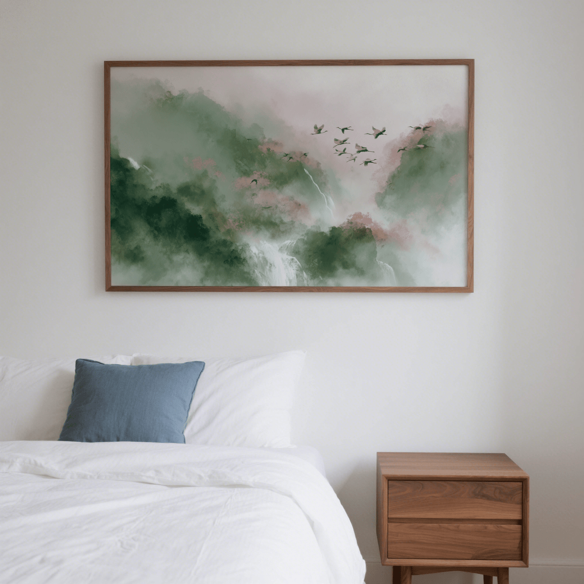 Watercolor Bird Print featuring Green, Pink, for entryway art print