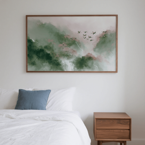 Watercolor Bird Print featuring Green, Pink, for entryway art print