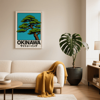 Japanese Tree Print featuring Blue, Red, and White for office art print