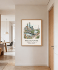 Travel poster print featuring Melbourne riverfront, bridge, and birds