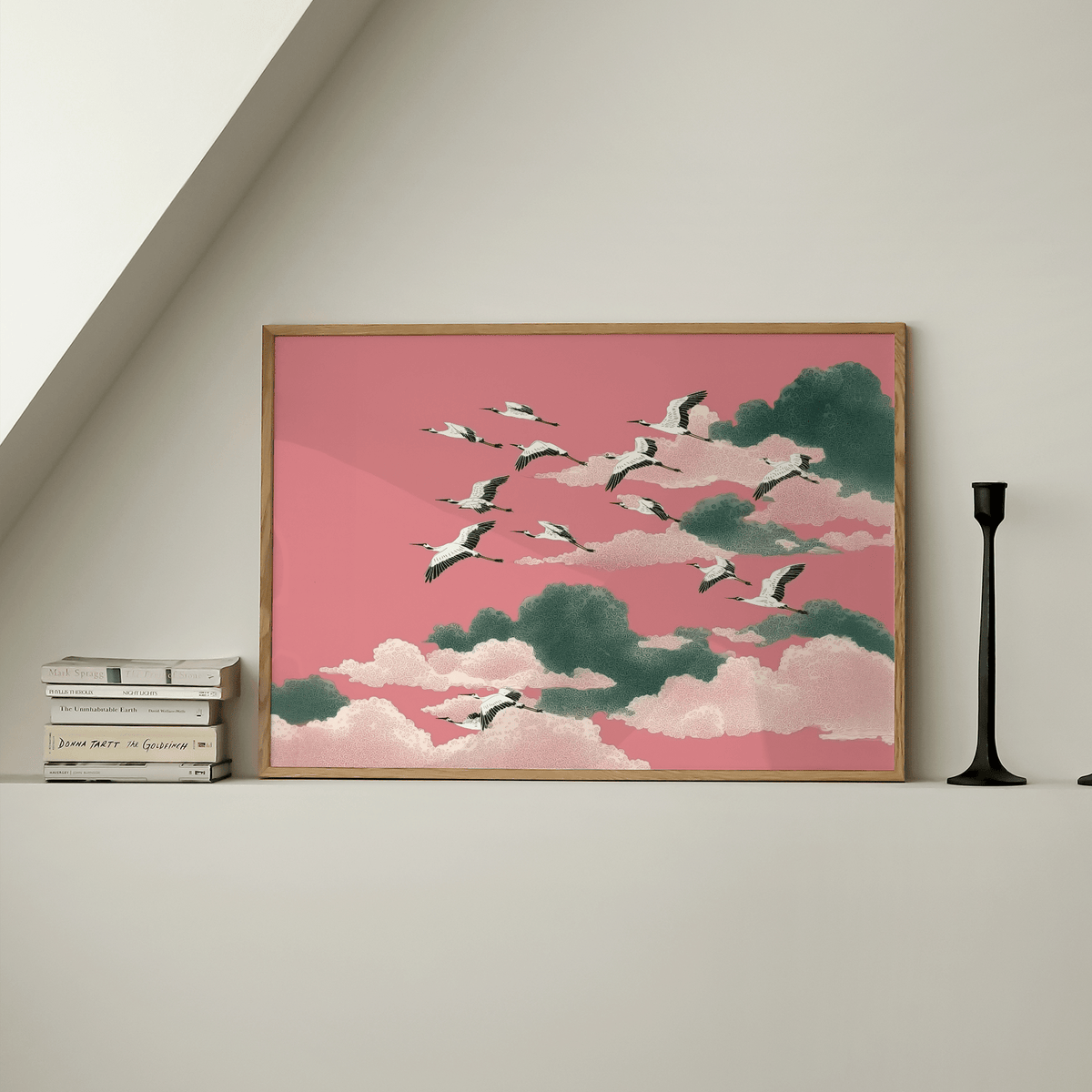 Pink Crane Wall Art perfect with Green tones for hallway art print