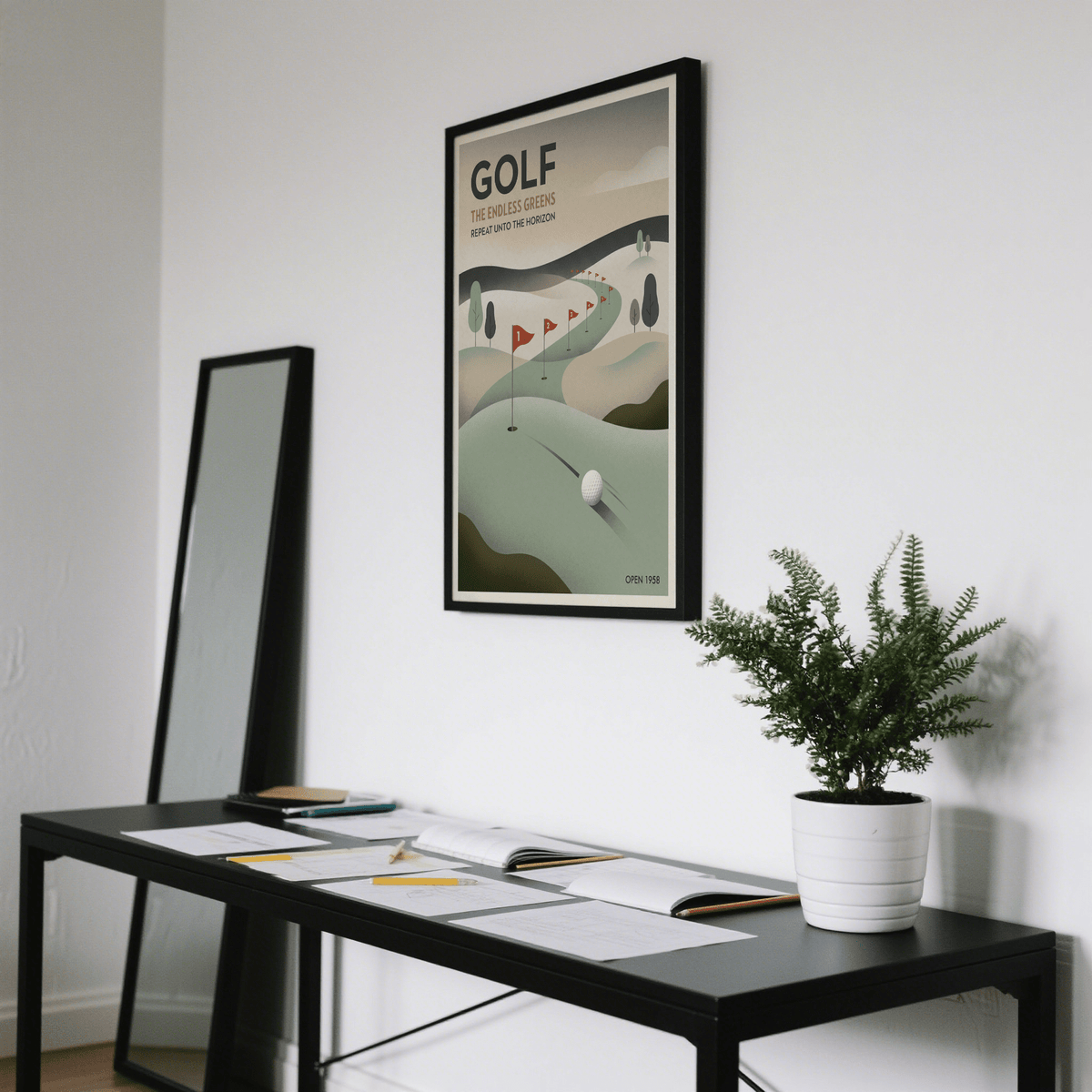 Vintage Golf Wall Art with winding fairway, red flags, and open 1958 text detail