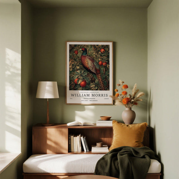 Regal pheasant perched among figs and leaves – Pheasant Wall Art for kitchen.