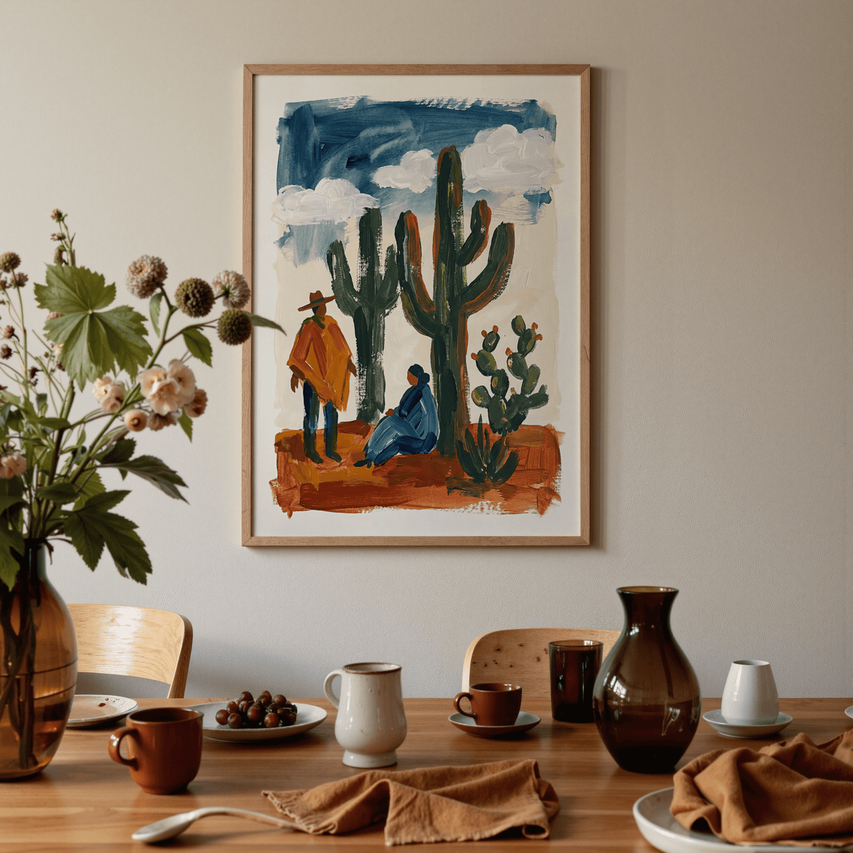 Green cactus in Desert Cactus Wall Art with Brown accents for den poster