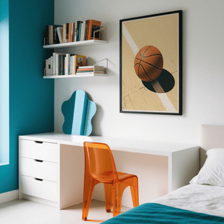 Sports Wall Art poster featuring a basketball on a marked court with a strong cast shadow