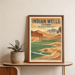 Highlighting a retro-style tennis court poster print with sand dunes crossing the baseline and a centered net