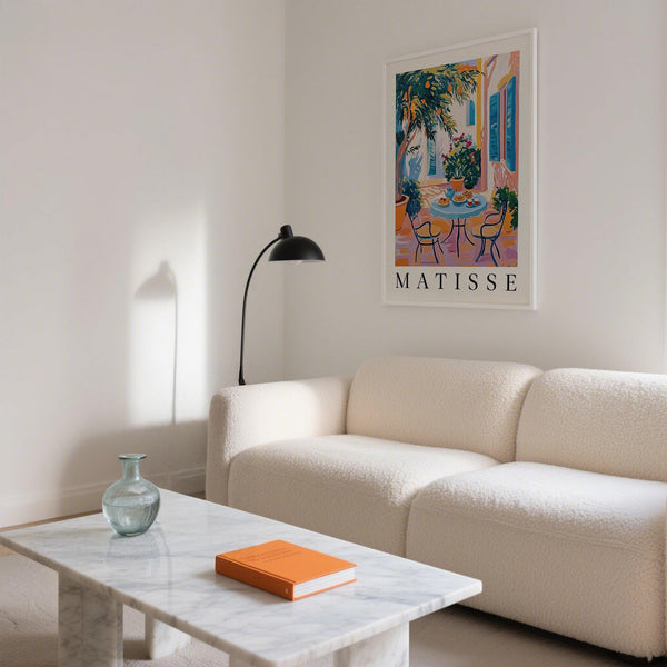 Colorful outdoor dining scene depicted in this wall art Mediterranean piece.