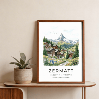 Detailed travel wall art print showing Zermatt text, coordinates, and Valais Switzerland