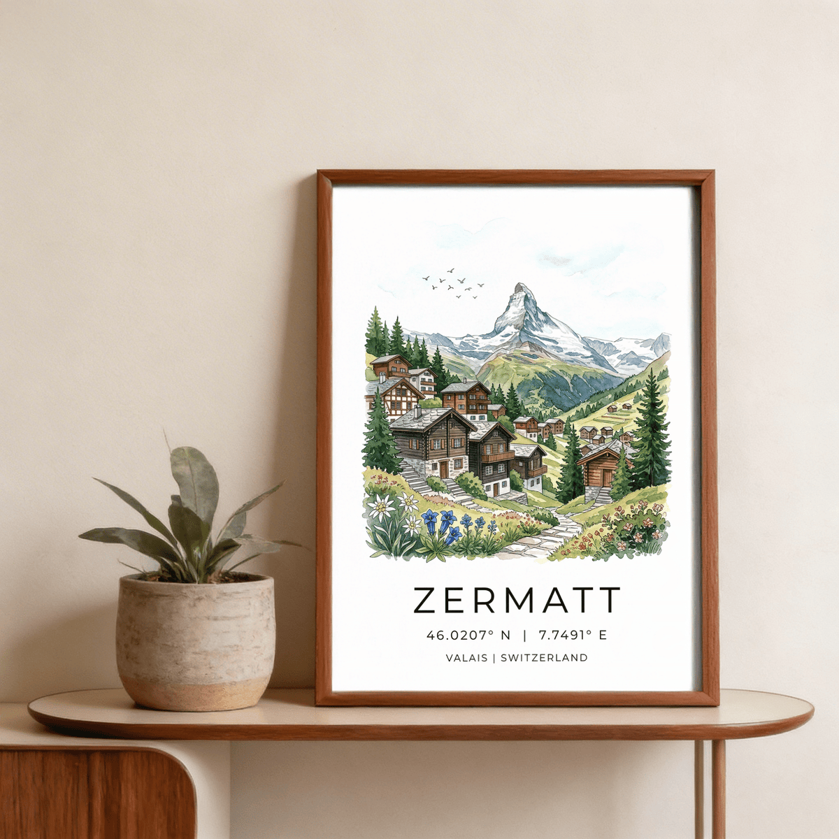 Detailed travel wall art print showing Zermatt text, coordinates, and Valais Switzerland