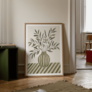 Modern Olive Branch Art with soft green leaves, beige vase, wall art print