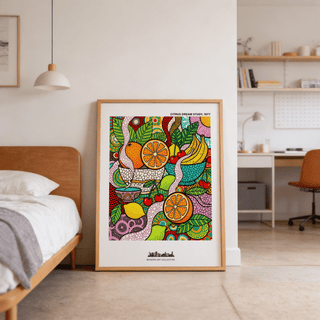 Playful kitchen wall piece of oranges, bananas, and cherries on teal ground