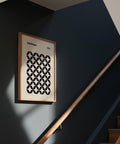 Mid century wall print featuring a bold abstract grid, inspired by 1919 Bauhaus design.