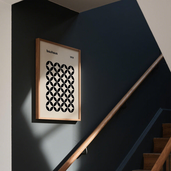 Mid century wall print featuring a bold abstract grid, inspired by 1919 Bauhaus design.