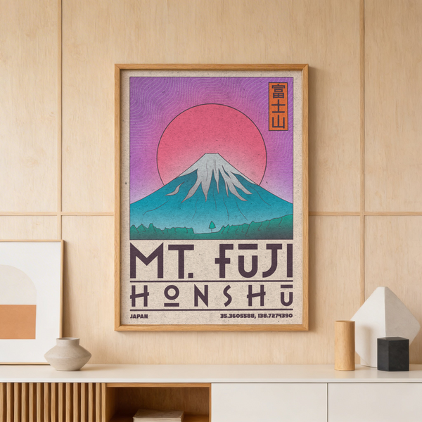 Graphic Mount Fuji poster print with bold MT. FUJI HONSHU typography