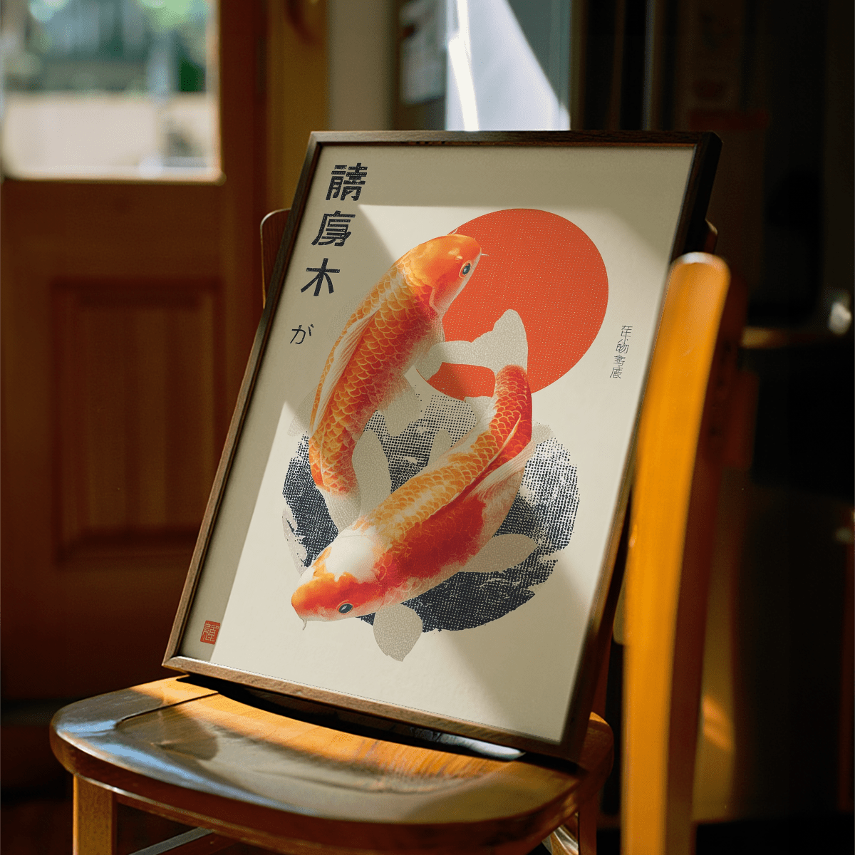 Koi Fish Art Print featuring beige background, ideal for hallway wall art