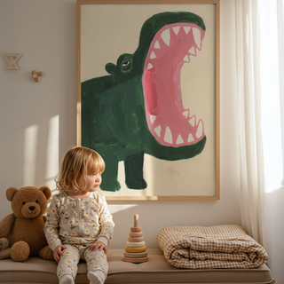 Illustrated Crocodile Wall Art print with half-lidded eye and big open jaw