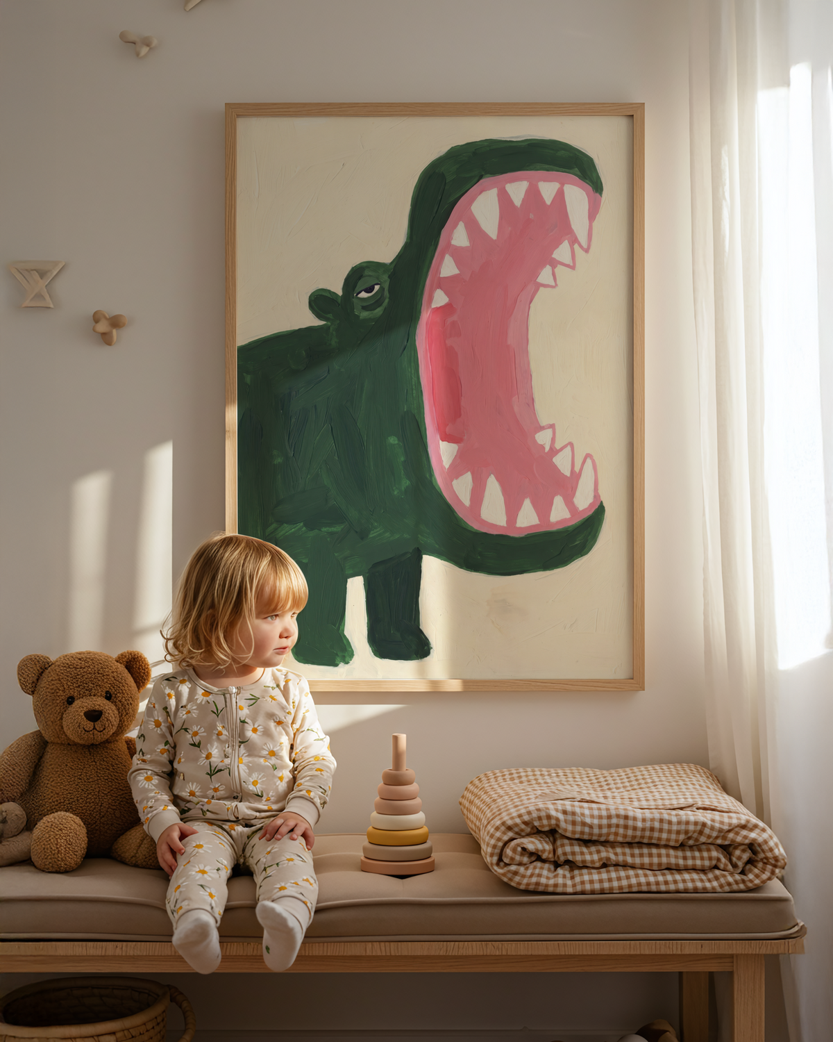 Illustrated Crocodile Wall Art print with half-lidded eye and big open jaw