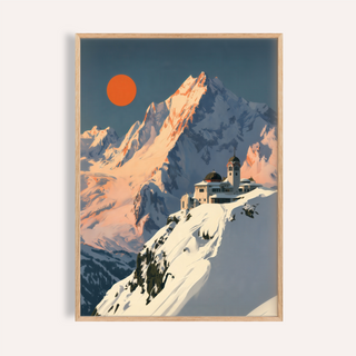 Featuring snow-capped peaks and a round sun, Art Deco Mountain Poster wall art print