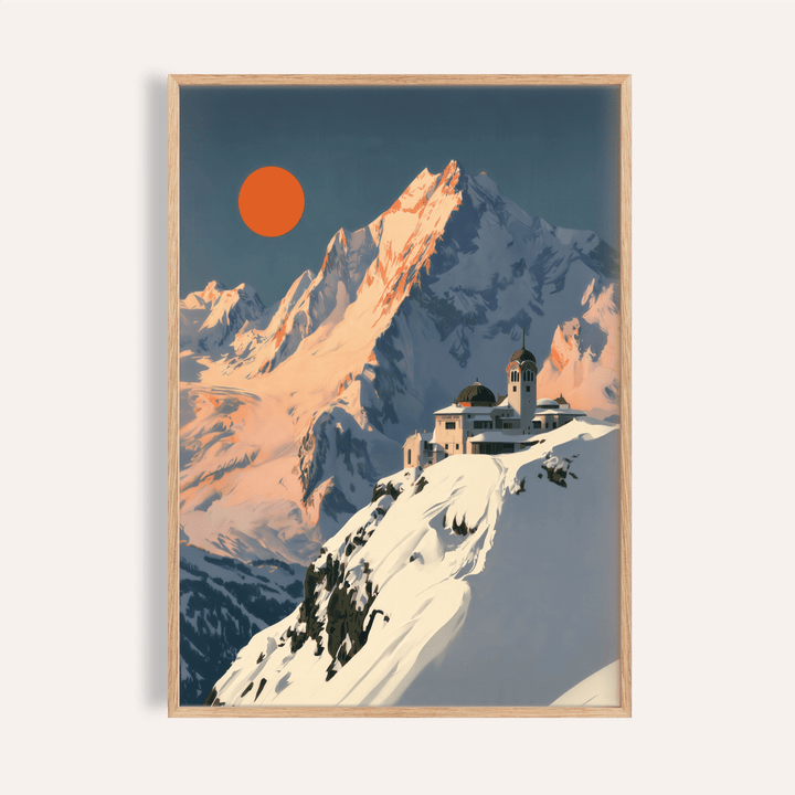 Featuring snow-capped peaks and a round sun, Art Deco Mountain Poster wall art print