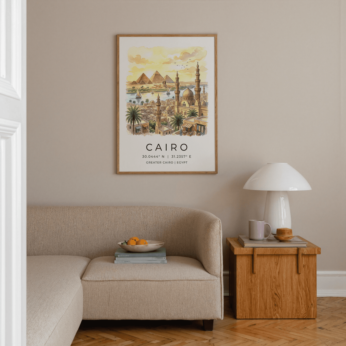 River scene with sailboats and birds in a Cairo landscape wall art print illustration